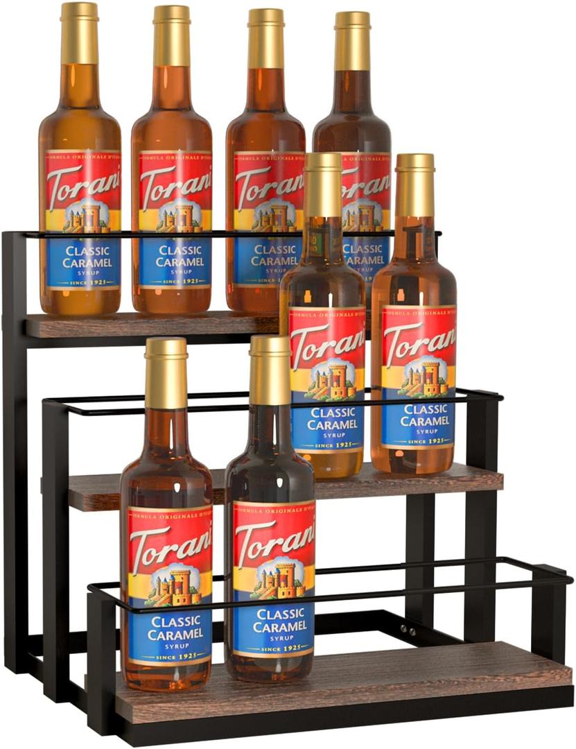 J JACKCUBE DESIGN 3 Tier Syrup Bottle Storage Rack, Rustic Wood and Metal Wire 12 Bottles Compartment Display Organizer Holder Stand for Syrup, Wine, Dressing - MK815A