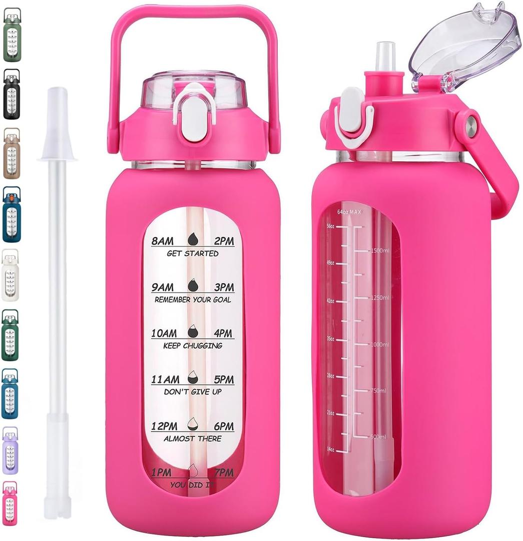 64oz Glass Water Bottles with Straw, Half Gallon Motivational Glass Bottle with Silicone Sleeve and Time Marker, 2L Leakproof Large Glass Water Jug for Gym Home Office, Rose Red