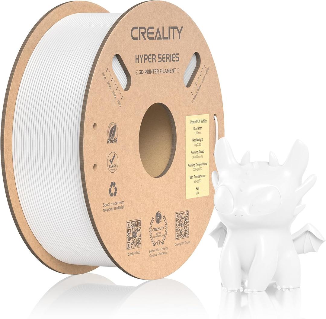 Official CREALITY Hyper PLA Filament 1.75mm, High Speed PLA 30-600mm/s 3D Printer Filament, Dimensional Accuracy +/-0.02mm, Fit Most FDM 3D Printers1KG(2.2lbs) Spool White
