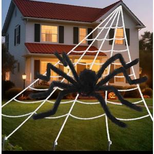 Land Guard 236'' Big Spider Web Halloween Decor+70'' Huge Spider for Roof with Triangular Big Web for on House Outside and Inside