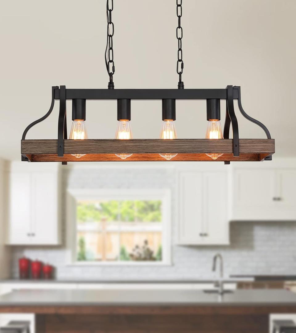 Rustic Kitchen Island Dining Room Light Fixture Farmhouse Linear Chandelier Black and Retro Wood Finish 4-Light Industrial Metal Hanging Pendant Light UL Listed L28.3 W10.6