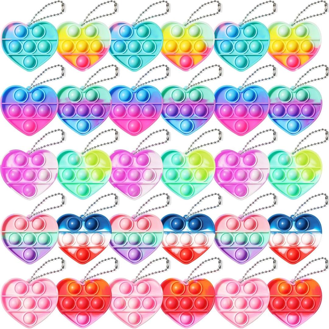 30PCS Heart Pop Fidget Keychain Easter Gifts Party Favors for Kids 4-8 8-12 Easter Egg Fillers Goodie Bag Stuffer Classroom Treasure Box Toy Carnival Prizes Pinata Birthday Return Gifts for Boys Girls