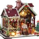 DIY Christmas Miniature House Kit Mini Wooden Dollhouse Kits for Adults Xmas Eve Snowflakes Building with LED Light, Diorama Model Birthday Gifts for Family/Friends