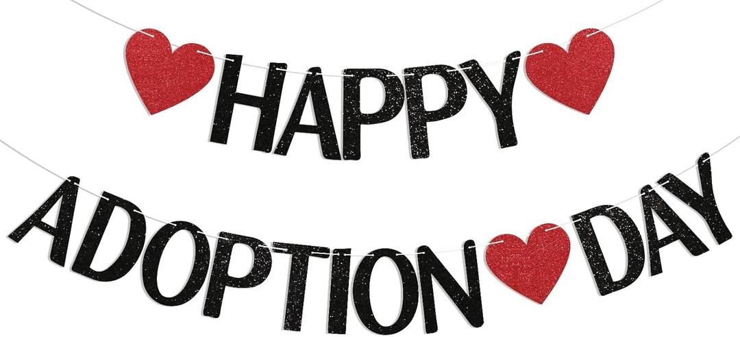 Happy Adoption Day Banner - Adop Celebration Party Decorations, Child Adopted, Pet Adoption Celebration Decorations Black Glitter