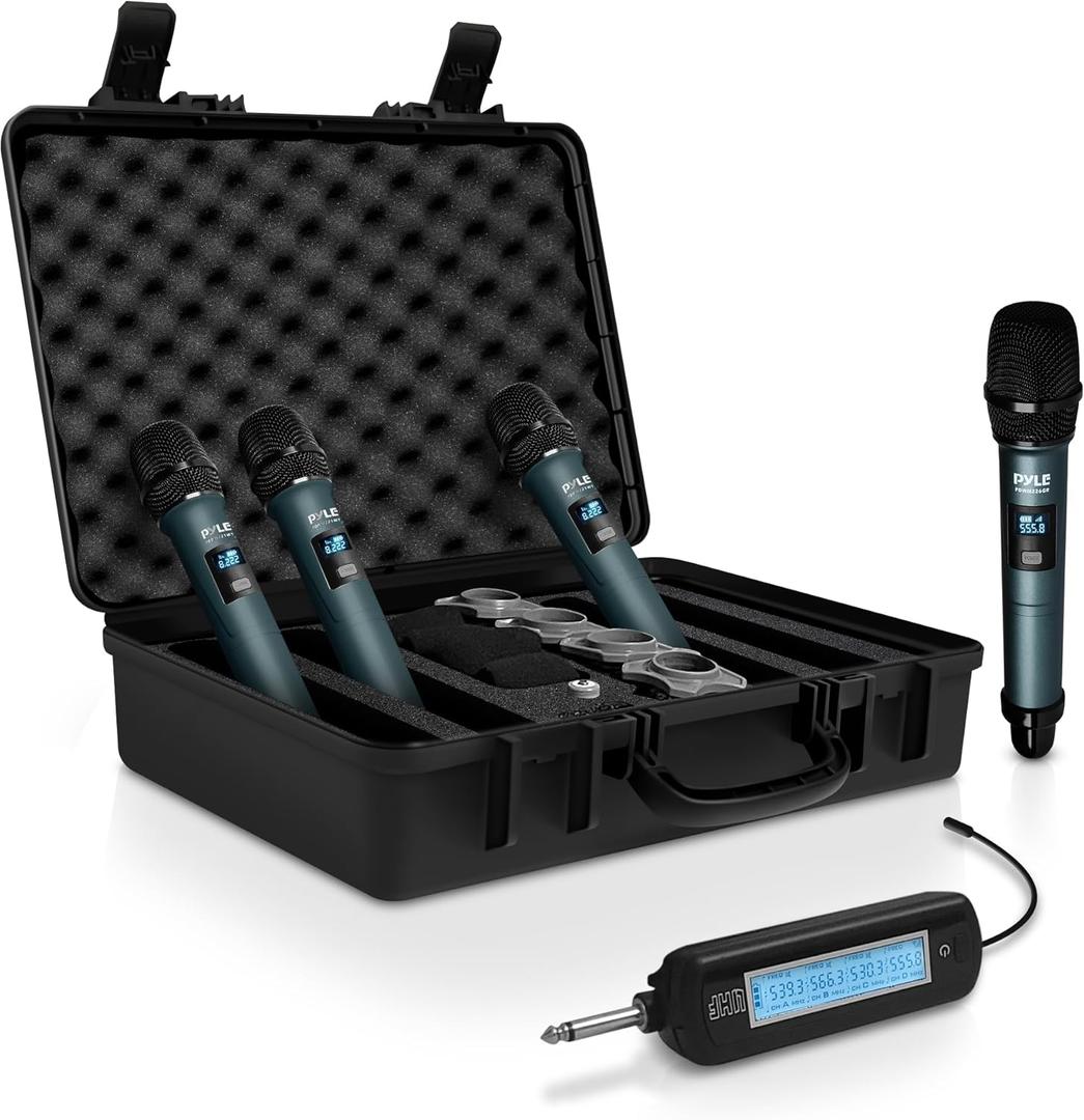 Pyle Portable UHF Band Receiver System, 4 Channel Wireless Microphone System Independent Channel Controls, RF Signal LCD Indicator, Digital Audio Microphone Set with 4 Handheld Microphones Pyle Portable UHF Band Receiver System, 4 Channel Wireless Microphone System Independent Channel Controls, RF Signal LCD Indicator, Digital Audio Microphone Set with 4 Handheld Microphones