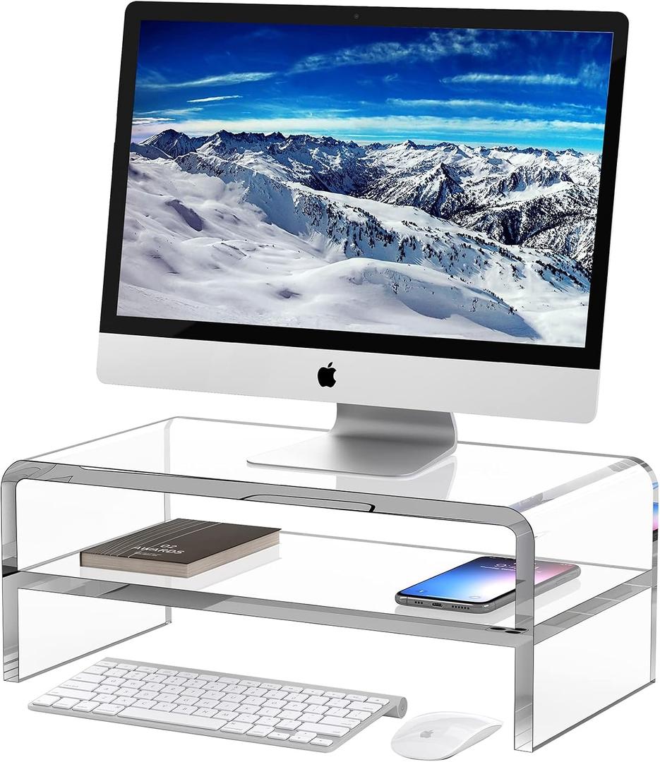 Egchi Acrylic Monitor Stand Riser, 2 Tier Clear Computer Monitor Stand for Home Office Business, PC Desk Stand Monitor Riser for Keyboard Storage, Laptop, Printer and TV Screen -12x7.2x5.12 inches