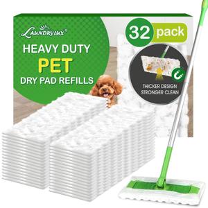 LAUNDRYLUX Heavy Duty Dry Sweeping Cloths Refills Compatible with Swiffer Sweeper, Multi Surface Pet Dry Pads Refill, Floor Cleaner for Dust, Hair, Dirt, Disposable Duster Mop Pad - 32 Count