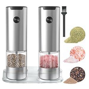 COKUNST Pepper and Salt Grinder Set, Battery Powered, Coarseness Adjustable Electric Pepper Grinder Mill with Stand, Automatic Grinding with LED Light for BBQ Resturant Kitchen-2 Pack (2pcs with Stand, Silver)