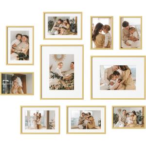 eletecpro Aluminum Gallery Wall Frame Set of 10, Including 2Pcs 8x10, 4Pcs 5x7, 4Pcs 4x6 Photo Frames for Wall or Tabletop Display, Multiple Sizes Picture Frames Collage Wall Decor, Gold