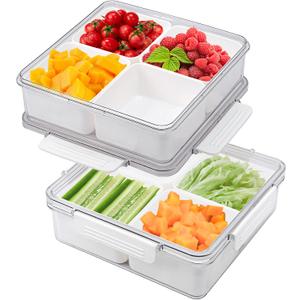 MineSign 2Pack Divided Veggie Tray with Lid Snackle Box Serving Container Salad Keeper with 4 Removable Boxes Stackable Refrigerator Organizer Bins Produce Saver for Meal Prep Fruit (2 Pack)