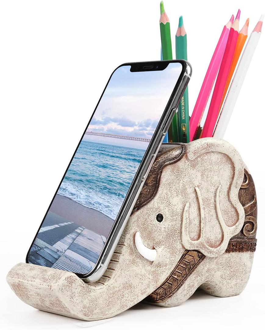 MOKANI Elephant Pencil Holder with Phone Stand, Elephant Gifts for Women Multifunctional Pen Holder Office Desk Organizer Desk Accessories Desk Decor Decorations Thanksgiving Christmas