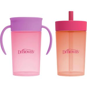 Dr. Brown's Milestones Straw to 360 Convertible Toddler Training Cup Set with Interchangeable Silicone Straw and 360 Degree Cup Lids, Pink Coral, 10 oz/300 mL, BPA-Free, 9m+, 2-Pack