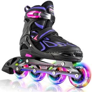 2PM SPORTS Vinal Girls Adjustable Flashing Inline Skates, All Wheels Light Up, Fun Illuminating Skates for Kids Men Adult Women and Boys (Large - Youth (4-7 US), Violet & Magenta)