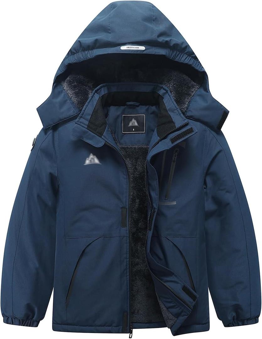 IDTALHZY Kid's Ski Jacket Waterproof Winter Coat Boy's and Girl's Fleece Snowboarding Jackets with Detachable Hood (13-14, Navy)