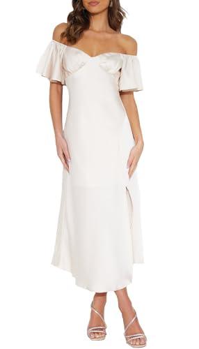 2025 Summer Women's Satin Off Shoulder Formal Dress Wedding Guest Elegant Butterfly Sleeve Split Cocktail Prom Midi Dresses White S