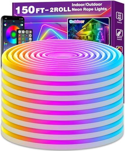 NUERPO 150Ft Neon Rope Lights,Flexible Led Rope Lights Control with App/Remote,Multiple Modes Light,IP65 Outdoor RGB Led Light Waterproof (150Ft Neon Rope Lights)