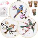 Santune 3 Pack Embroidery Kit for Beginners, Needlepoint Kits for Adults,Needle Point Sets with Stamped Hummingbird Pattern Stitch Video Tutorial
