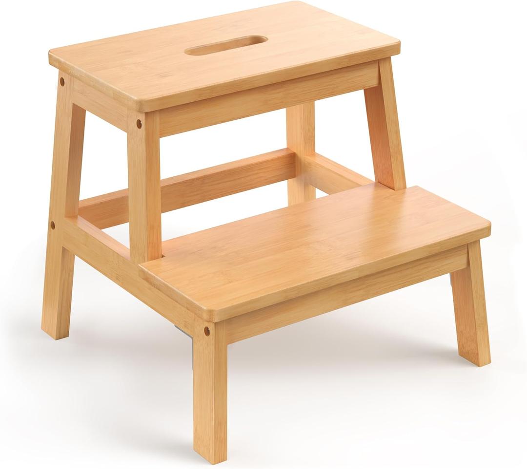Bamboo 2 Step Stool for Kids & Adults, Wooden Kids Step Stool for Bathroom & Kitchen, Bed Steps for High Beds, Portable with Handle, Non-Slip & 350 Ibs Capacity (Small - 13''H)
