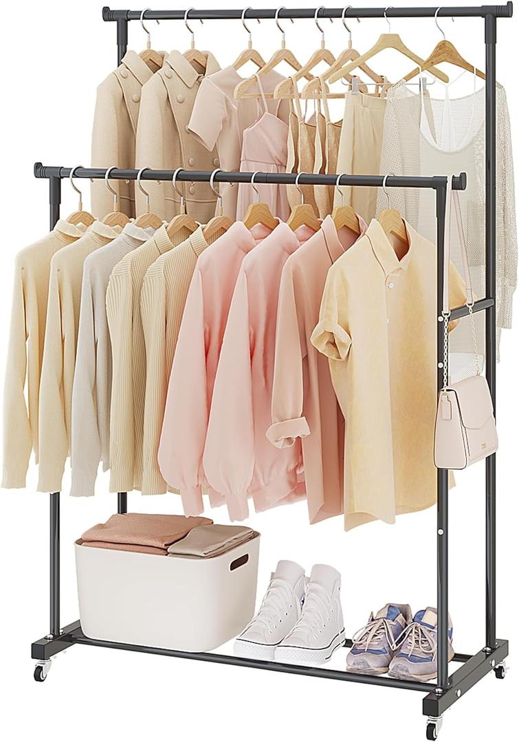 Calmootey Double Rods Clothes Garment Rack, Rolling Clothing Rack for Hanging Clothes, Coat Storage, Organizer for Bedroom, Livingroom, Apartments, Black