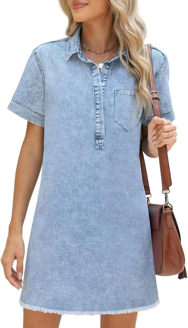 Women's Denim Dress for Women Cute Blue Babydoll Denim Shirt Dress Denim Dress with Pockets, Large