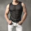 JOGAL Mens See Through Lace Shirts Sleeveless Muscle Tops (Black, S)