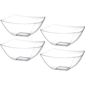 Posh Setting Clear Plastic Serving Bowls Disposable - Square Bowls - Square Candy Bowl - Plastic Snacks & Chip Bowls for Parties - Black, Gold & Clear, White Serving Dishes, 16 OZ, 4 Pack