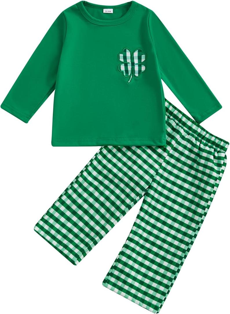 Ayalinggo St Patricks Day Baby Girl Boy Outfit Green Shamrock Long Sleeve Shirt Top Plaid Pants Set Saint Patrick's Clothes (Green)