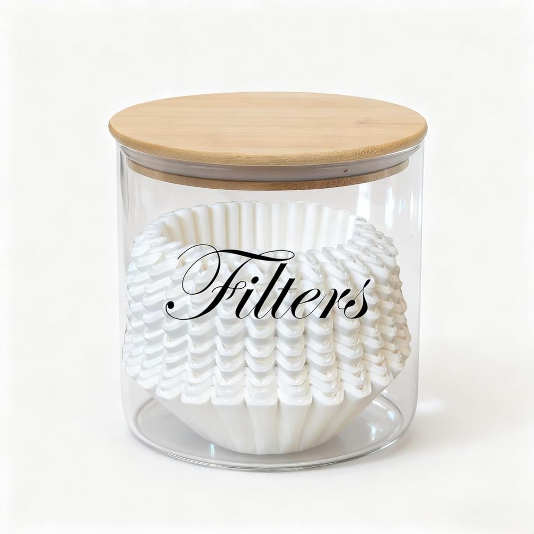Coffee Filter Holder,Clear Filter Storage with Wooden Lid for Counter,Glass Storage Basket Container for Coffee Bar Decor Accessories