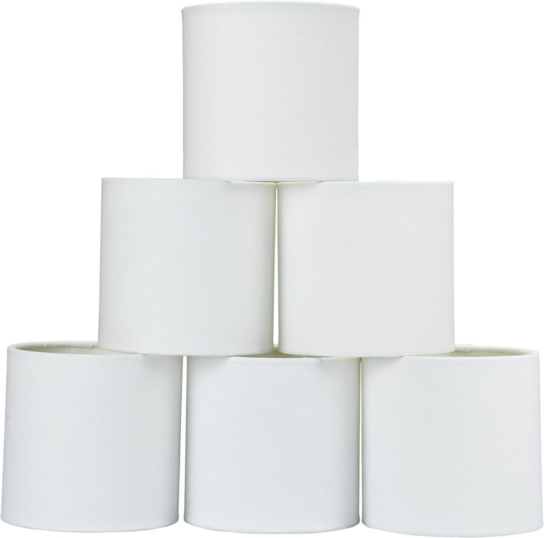 LAMPWELL MEMO Clip-on Chandelier Fabric Lamp Shades,Set of 6,Small Drum,5.2"5.2"H5.2",Linen, Handmade,Modern Trendy Decorative,ONLY FOR CANDLE BULB,White