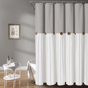 Awellife Farmhouse Grey Shower Curtain Button Linen Textured Woven Fabric,Country Style,Grey & White 72" W x 72" L