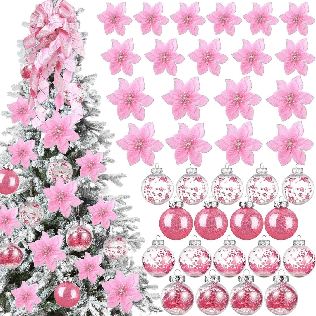 49 Pcs Pink Christmas Tree Decoration Set Include Christmas Tree Topper, 24 Glitter Xmas Flowers 3 Sizes, 24 Pcs 2.36 Inch Xmas Ball Ornaments for Holiday Party Decorations