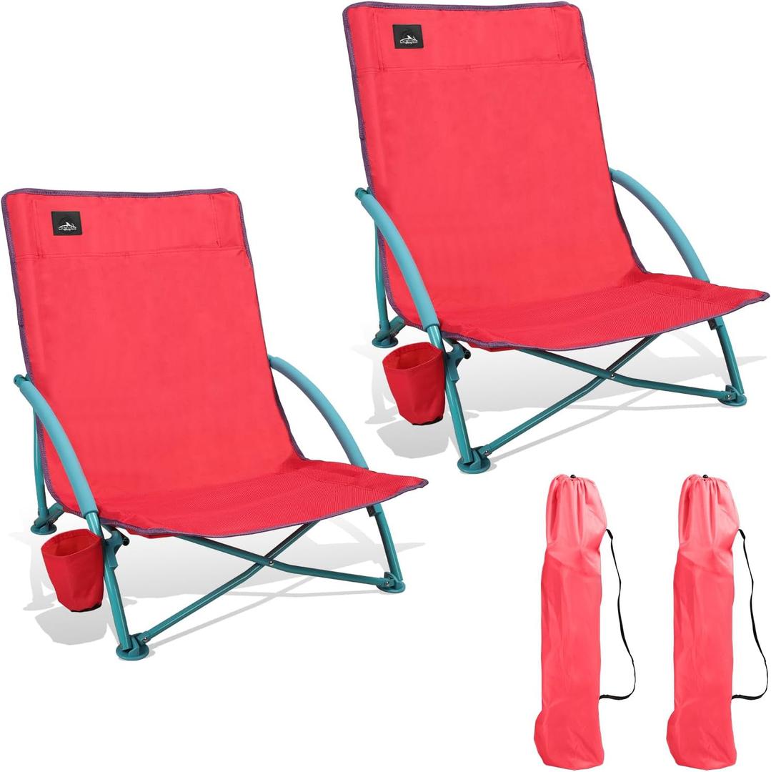 Northroad 2 Pack Low Folding Beach Chair,Portable Lightweight Lowback Sling Chair, Outdoor Low Seat Camping Chair w/Cup Holder & Carry Bag for Sand Camping Lawn Picnic Festival,Pink, 2 PCS