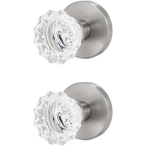 Glass Crystal Door Knobs, Dummy Door Lever, Interior Door Handle Single Sided Decorative for Hall Closet, Silver Round Modern Zinc Alloy Base, 2 Pack (Stain Nickel, Dummy)