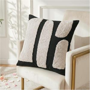 Zealax Black and Beige Boho Chunky Pillow Cover Neutral Decorative Square Throw Pillow Cover 18x18, Modern Abstract Tufted Pillow Case Geometric Woven Cushion Covers for Couch Bed Living Room, 1PC