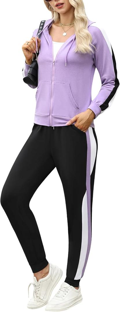 Marvmys Women's 2 Piece Tracksuit Set Full Zip-Up Hoddie Sweatsuits Color Block Jogging Suits with Pockets (Purple)