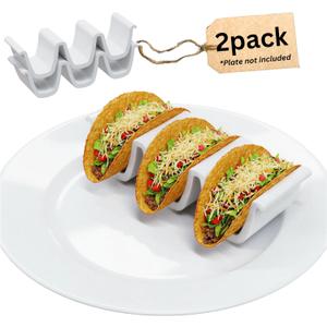 HolaTasty Taco Shell Holder Ceramic, Taco Stands For 3 Tacos - Compact Taco Rack For Street/Hard Shells, Mini Taco Holders For Microwave Oven, Taco Party Serving Supplies - Set Of 2 (White - 2 Pack)