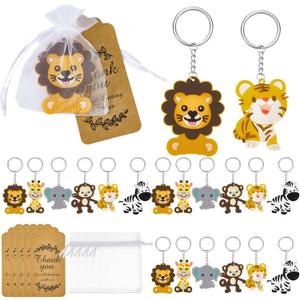 270 Pieces Cute Jungle Animal Keychains Safari Animals Party Favors Zoo Animals Key Ring Decoration with Thanks Kraft Tags and White Organza Bags for Birthday Party Favor