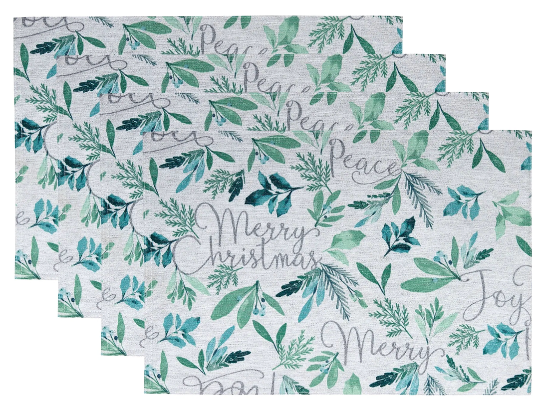 Seasons Greetings Holiday Fabric Placemats, Set of 4, Blue - 13" W x 19" L