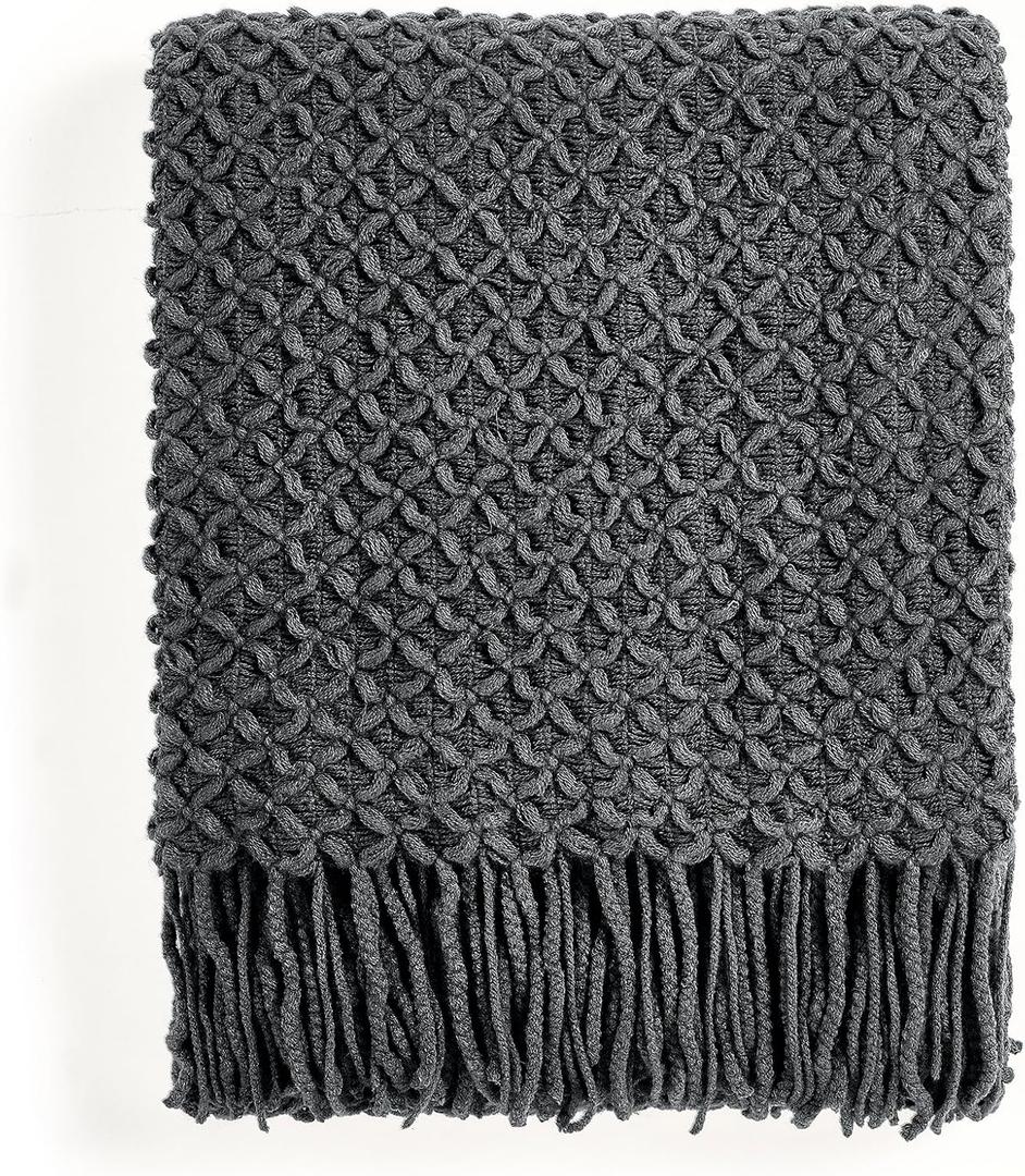 CREVENT Farmhouse Boho Knitted Throw Blanket for Couch Sofa Chair Bed Home Decoration, Soft Warm Cozy Light Weight for Spring Summer Fall (50''X60'' Dark Grey)