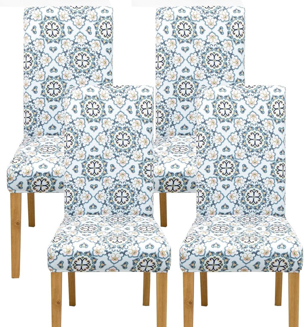 Pack of 4 Dining Room Chair Covers, Chair Covers for Dining Room Set of 4, Elastic Dining Chair Slipcovers, Dining Chair Slipcover, Kitchen Chair Protector Set of 4, Bohemian Blue
