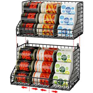JKsmart 2 Pack Stackable Can Rack Organizer for Pantry Storage,Can Dispensers with 4 Adjustable Dividers, 2-Tier Metal Wire Basket Beverage Pop Soda Rack for Kitchen Cabinet Pantry, Black