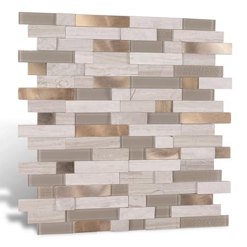 Nicesungdeco Peel and Stick 3D Natural Stone Mosaic Backsplash Tiles, 12" x 12" 5-Sheet Backsplash Self Adhesive Tiles for Kitchen Fireplace Vanity (Grey Gold)