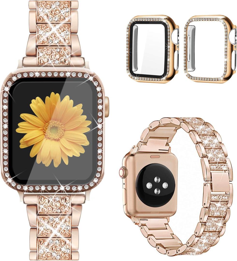 Mesime Compatible for Apple Watch Band with Screen Protector Case, Jewelry Replacement Bands 46mm 45mm 44mm 42mm 41mm 40 mm 38mm 2 Pack Protective Cover for iWatch Series 10/9/8/7/6/5/4/3/2/1/SE Women