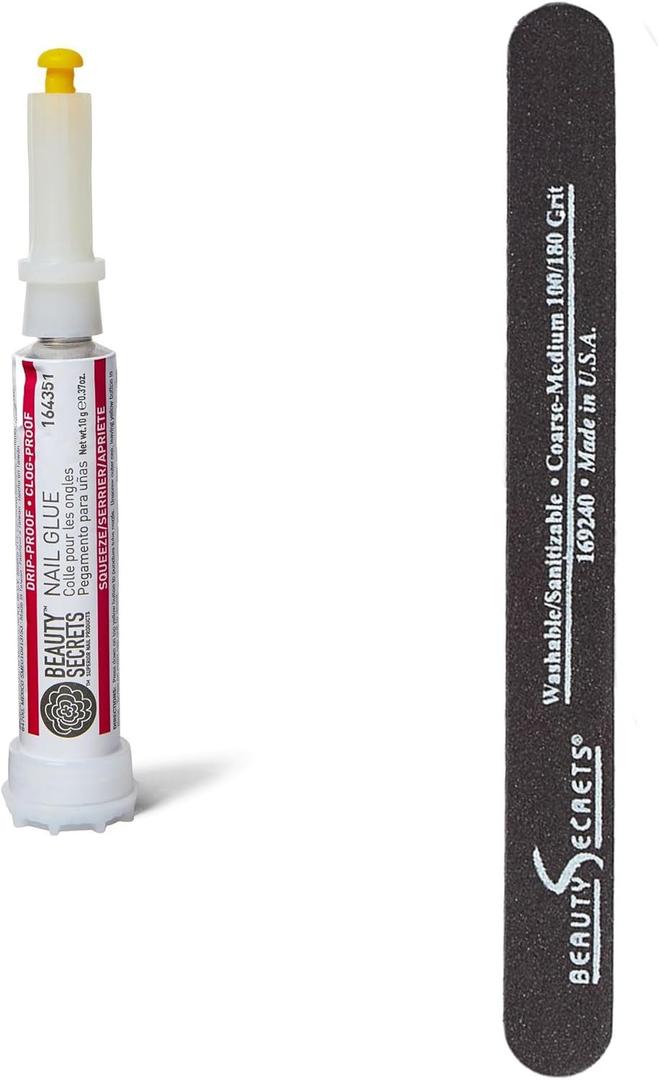 Beauty Secrets Drip & Clog Proof Nail Glue (1 Pack) Bundled with Nail File Black Cushion Medium Coarse 180/100 Grit by Beauty Secrets