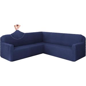 HDCAXKJ Sectional Couch Cover L Shape Sofa Covers Washable Stretch Couch Covers for Sectional Sofa 1 Piece Seersucker U Shaped Couch Slipcover Furniture Protector for Pets Dogs (Navy, X-Large)