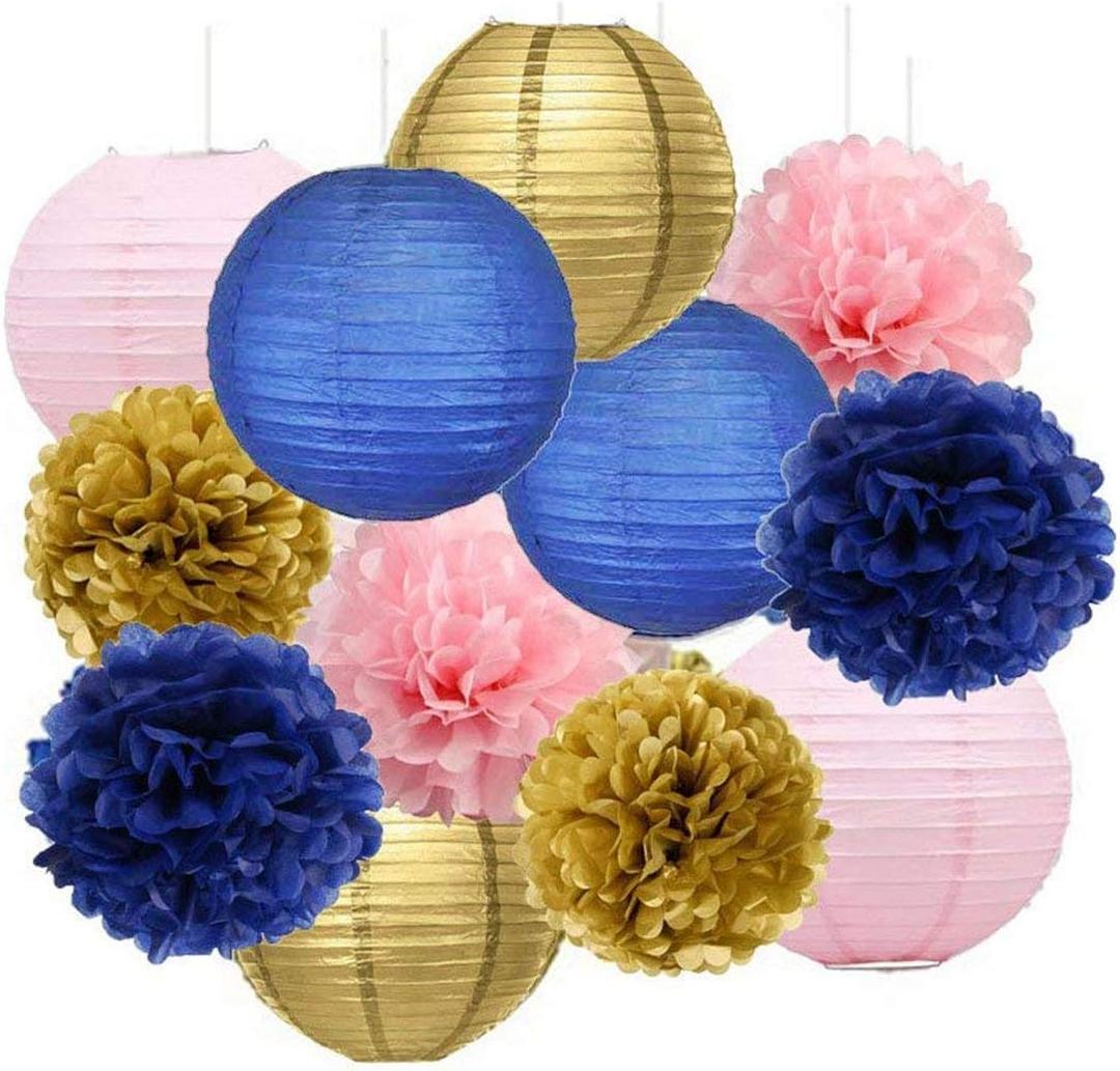 Navy Gold Pink Gender Reveal Party Decorations/Bridal Shower Decorations Furuix Navy Gold Pink Paper Lanterns Navy Blue Birthday Party Girls Baby Shower |Mom Birthday|Graduation Party Decorations