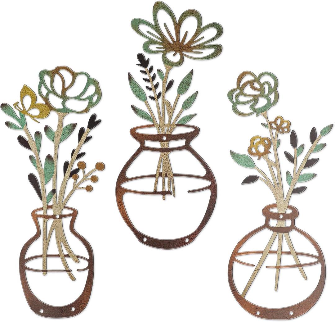 Mcdagogn 3 Pieces Metal Flowers Wall Decor - Rustic Farmhouse Wall Arts, Boho floral Minimalist Wall Decor for Living room Bathroom Bedroom laundry Room Kitchen Office - Housewarming Gifts (Brown-Green)