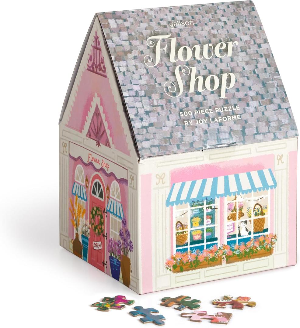 Galison Joy Laforme Flower Shop  500 Piece Unique House Shaped Puzzle with Dreamy and Springtime Artwork of A Cozy Flower Shop