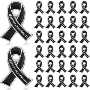 Tigeen 50 Pcs Metal Funeral Ribbon Pins Memorial Lapel Pins Forever in Our Hearts Funeral Favors for Memorial Service Event Mourning Remembrance Day(Black)