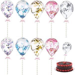 BESTOYARD 10Pcs Balloon Cake Toppers, Confetti Mini Balloons on a Stick for Birthday Party Decorations, Christmas Party, Baby Shower, Engagement Bridal, Homemade Baking Decor, Photography Props